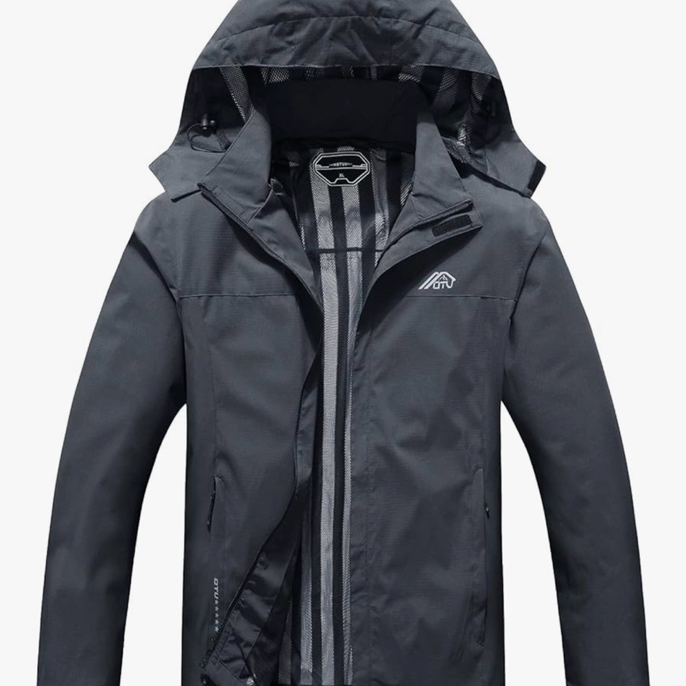Men's OTU Waterproof Black Hooded Rain Jacket - Size Lg - Picture 2 of 3